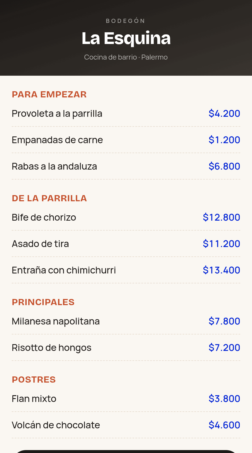 La carta de El Bodegón en el celular, con fotos, precios y el botón de agregar al pedido