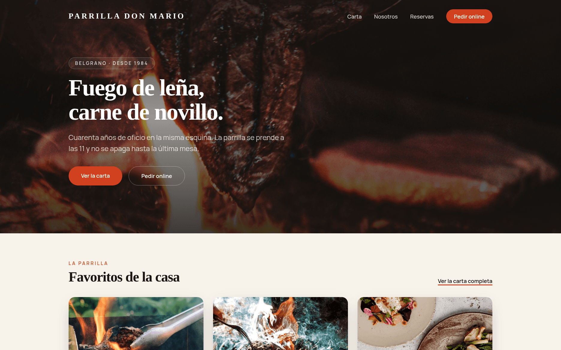Web pública de Parrilla Don Mario hecha con BUILT: portada, botones para ver la carta y pedir online, y los favoritos de la casa